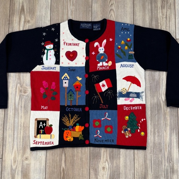 Vintage Rainbow Bridge Embroidered Calendar Cardigan Sweater Size Small - Picture 12 of 16